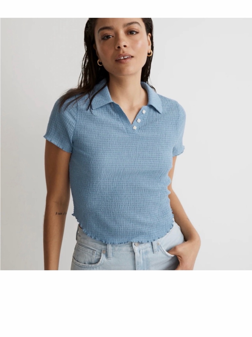 Madewell Light Blue Textured Polo Crop Top